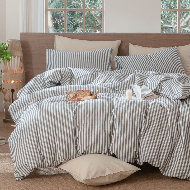 MooMee Striped Duvet Cover Set 100% Washed Cotton Linen Like Textured, Classic Stripes - Dark Gray/White