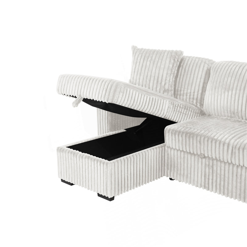 Plush Sectional Sofa W/ Pull Out Sleeper Made With Velvet Fabric, Cream Velvet