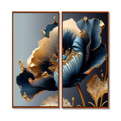 Bleu foncé et doré fleur simple III - Décoration murale traditionnelle 2 pièces