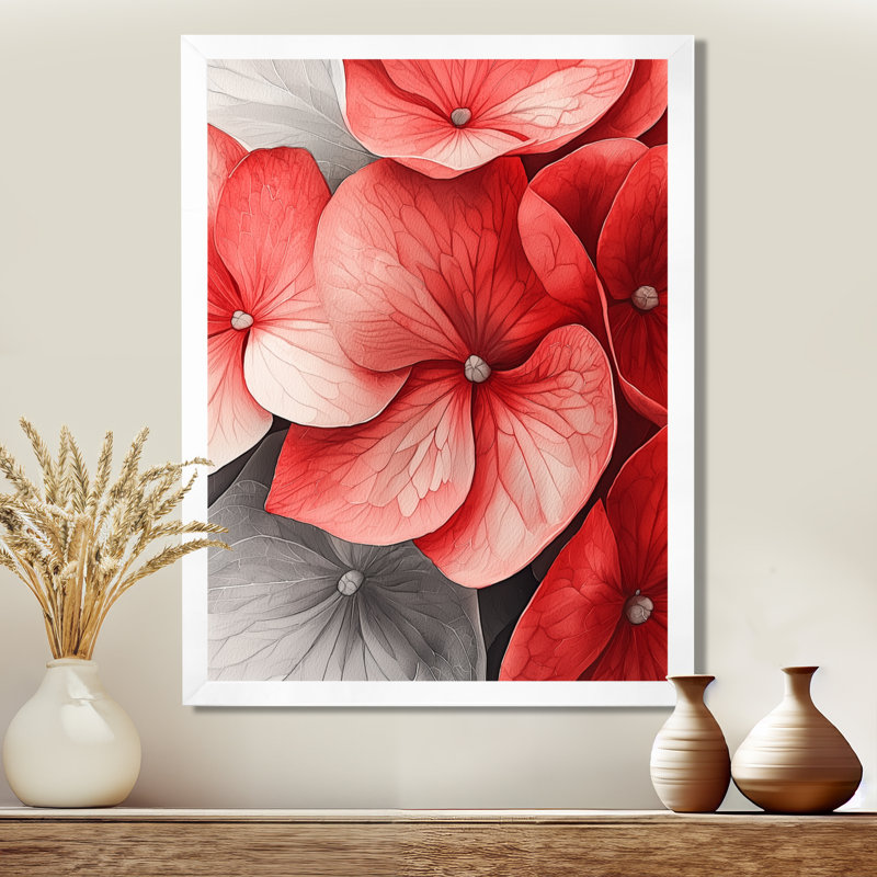 Motif de pétales d'hortensia rouge monochrome II - impressions sur toile florales, H 44 po x l 34 po, Picture Framed, Blanc