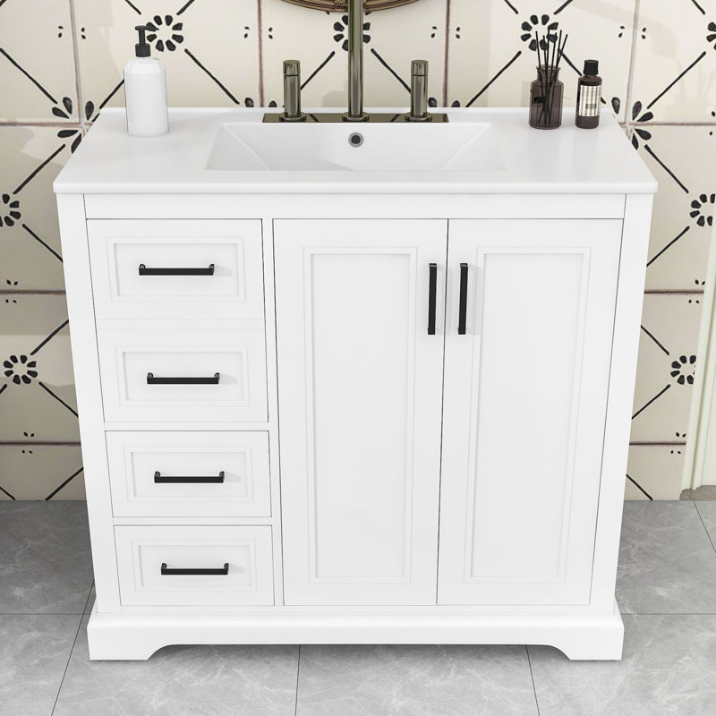 Meuble-lavabo de salle de bain avec lavabo en céramique, tablette réglable, tiroirs de rangement et porte à fermeture en douceur