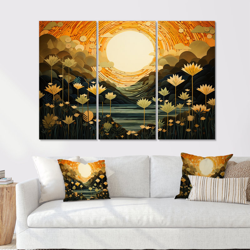 «Spring Flowers Full Moon Lake - Wildflowers», ensemble d'art mural, Toile tendue, H 28 po x l 36 po x P 1 po