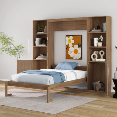 Grand lit escamotable avec tablettes et armoires de rangement, lit mural pliable en bois avec rangement, peu encombrant