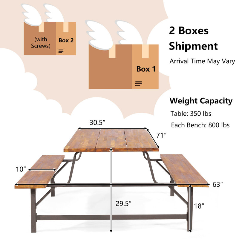 71 In. L X 30.5 In. W Solid Wood Picnic Table With Bench For 6