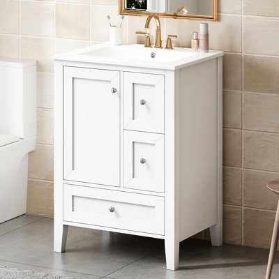 Meuble-lavabo 24 po avec lavabo et tiroirs, meuble-lavabo autoportant blanc avec plateau en céramique et tablettes de rangement, structure en bois massif et en MDF, meuble-lavabo moderne pour petites salles de bain