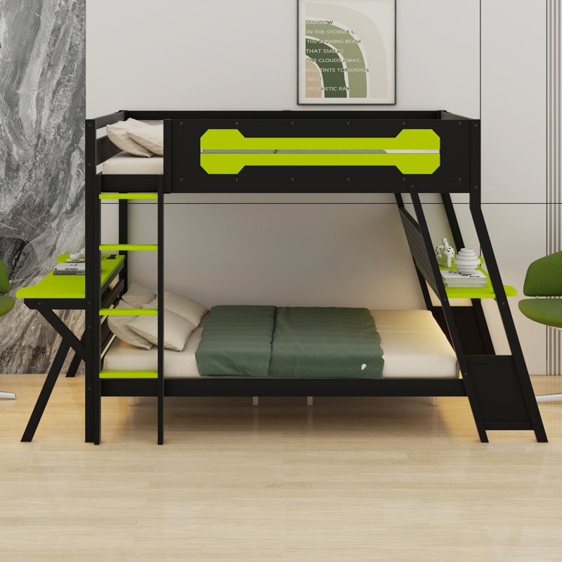 Lit superposé double pour bureau avec ports USB et rangement perforé, Lit double, Noir/vert