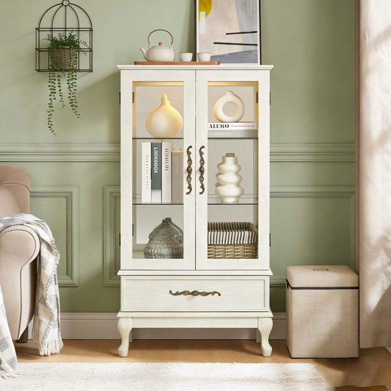 Armoire avec portes en verre et tablettes réglables 2 portes, Blanc antique