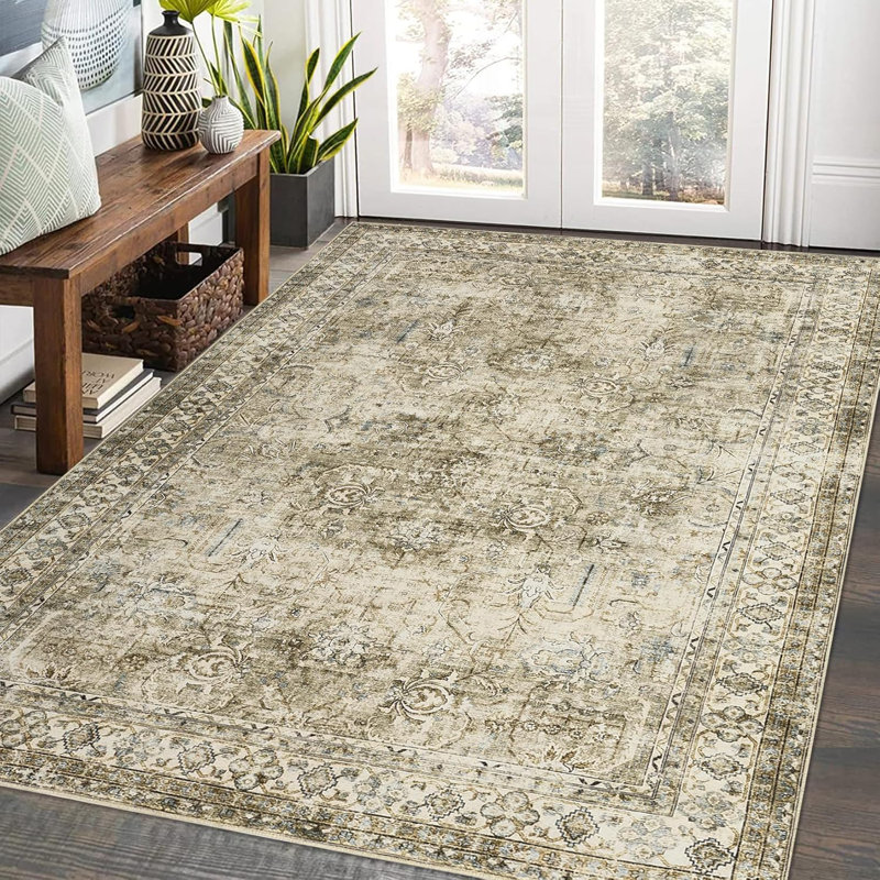 Area Rug 6X9 - Large Living Room Rug - Washable Rugs Non-Slip For Bedroom Dining Room, Low-Pile Floor Carpet Distressed Accent Rug (Taupe)
