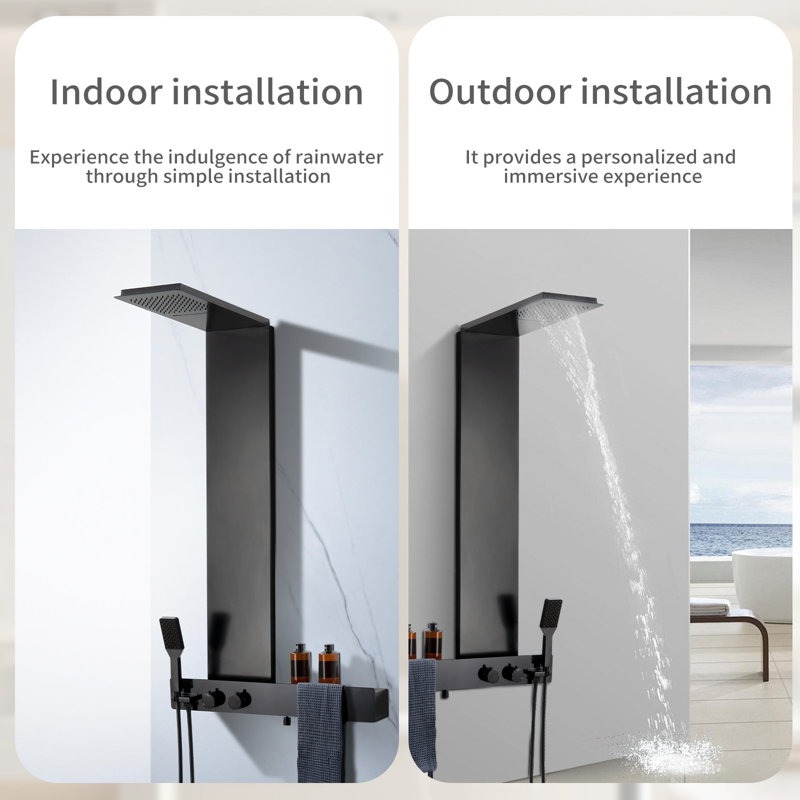 Matte Black Multi-Function Shower Panel with Rainfall and Waterfall Heads