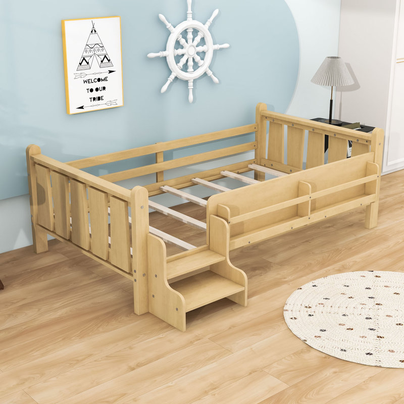 Lit plateforme peu encombrant avec bibliothèques de rangement et garde-corps intégrés, Lit simple, Naturel clair