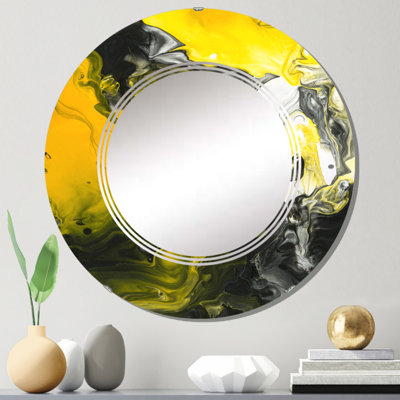 Jaune jaune noir et blanc liquide Art III - miroir mural rond moderne