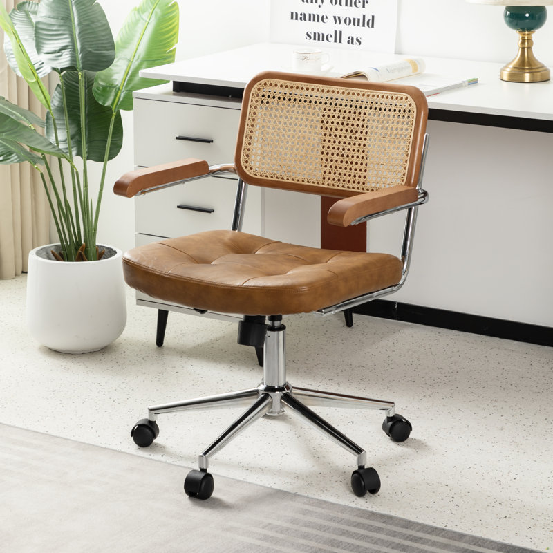 Rattan Back Mid-Century Swivel Office Chair with Wheels & Armrests, Brown