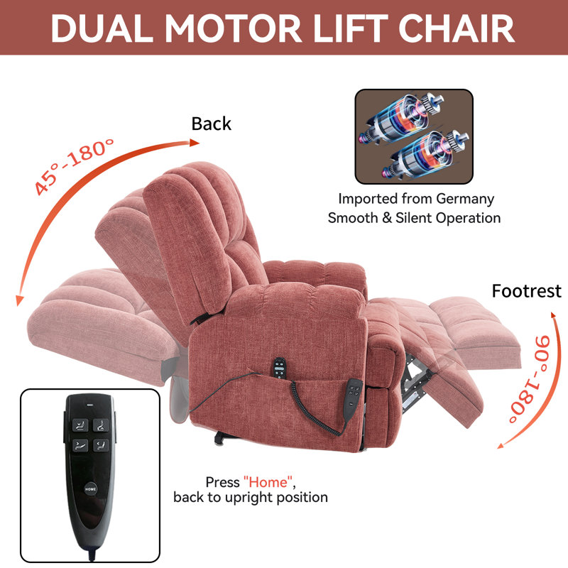 Fauteuil inclinable électrique à double moteur avec massage chauffant, positions infinies, supportant jusqu'à 159 kg (350 lb), télécommande électrique, confort mi-ferme et robuste, rouge.