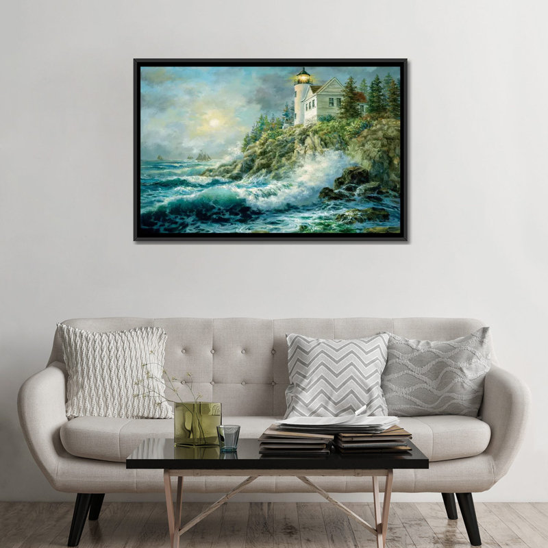 «Bass Harbor Lighthouse» par Nicky Boehme - Estampe numérique sur toile tendue, Toile avec cadre noir, Pas de tapis
