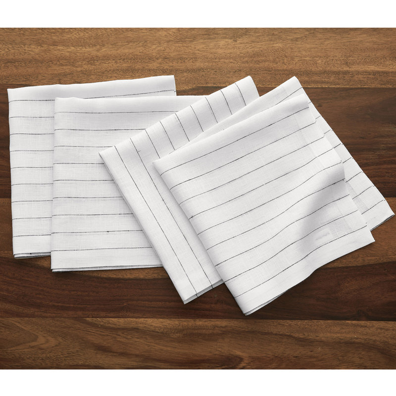 Pinstripe - 100% Pure Linen Dinner Napkins, White/Black