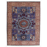 Hand Knotted Wool Area Rug in Blue And Beige