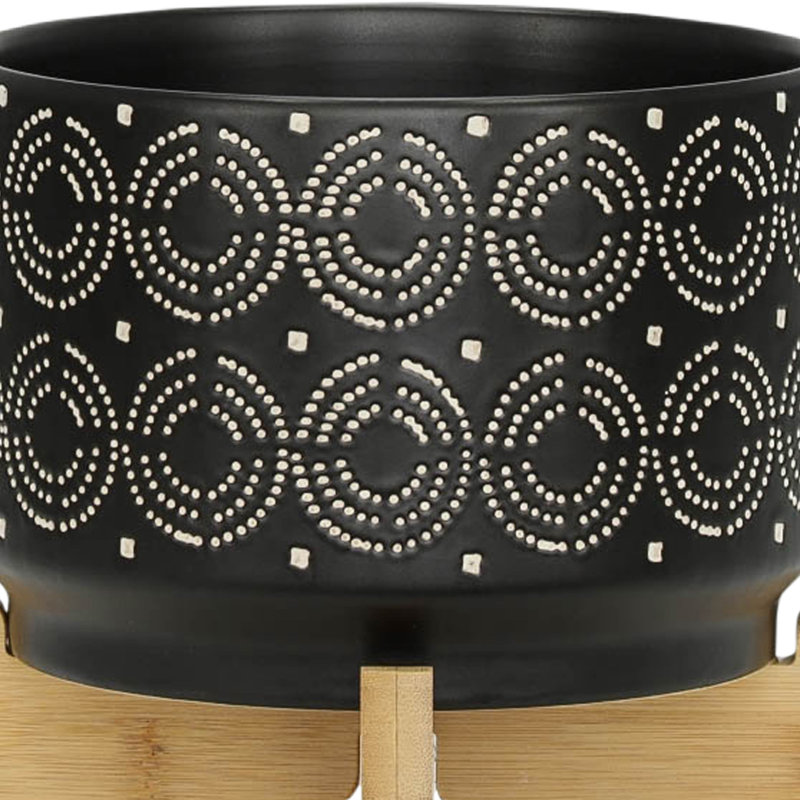 St. Charles Ceramic Planter with Wooden Stand - Modern Decorative Pot for Indoor Plants, Diamond, Black