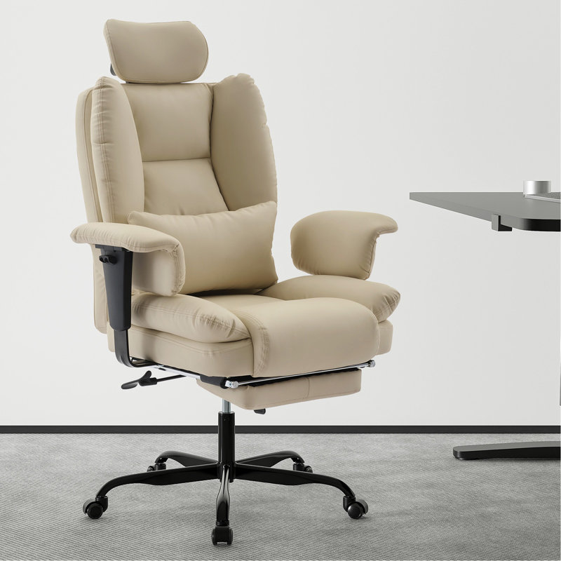 Chaise de bureau ergonomique en cuir Pu avec support lombaire et dossier haut, chaise ergonomique avec appui-tête relevable, beige