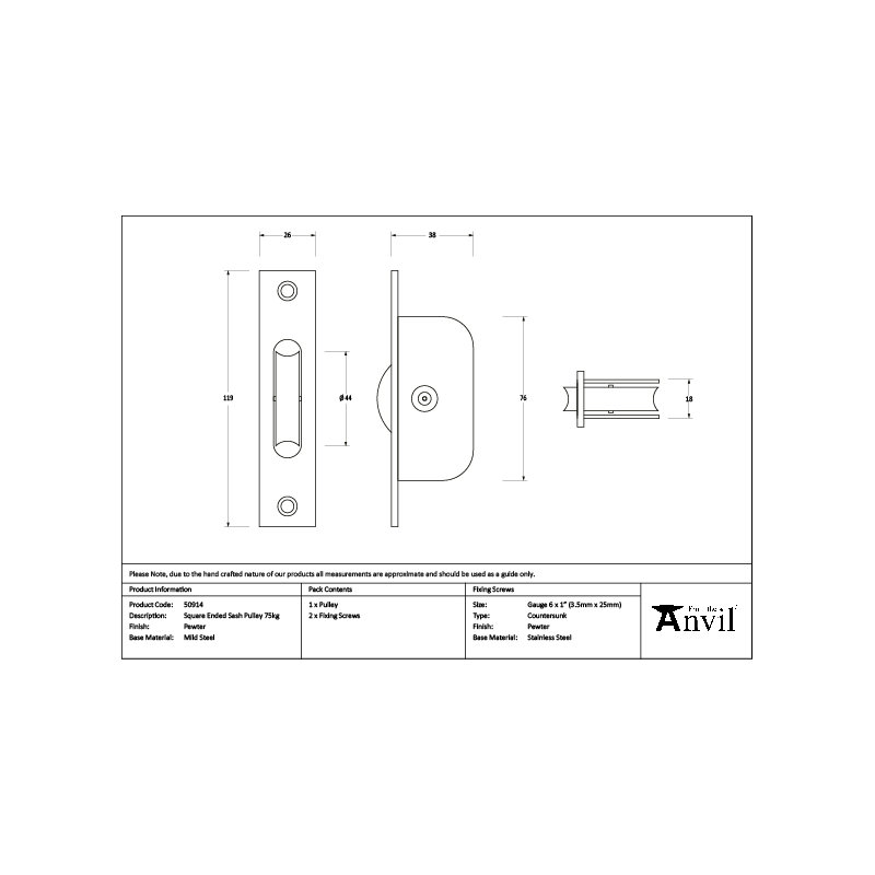 Pewter Square Ended Sash Pulley 75kg
