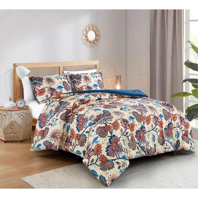 Azura Floral Printed Microfiber Comforter Set, Queen Comforter + 2 Standard Shams