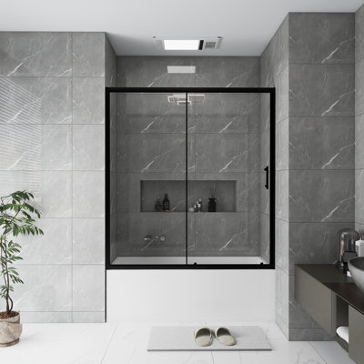60.In W X 62.In H Bathtub Shower Screen | Single Sliding | 1/5 Inch Thick Transparent Tempered Glass | With Stainless Steel Handle | Black