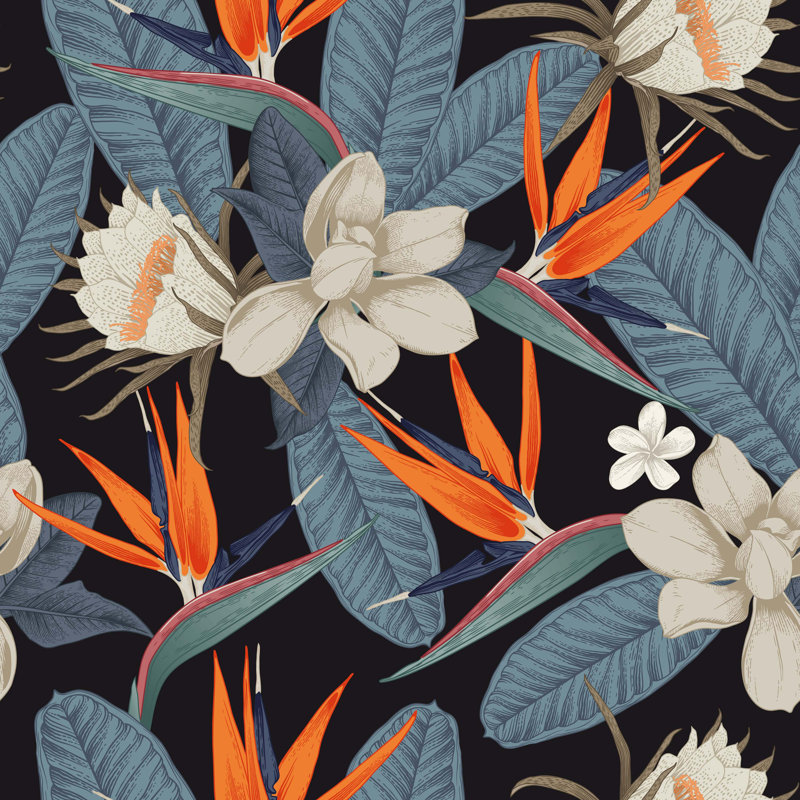 Papier peint amovible à motif de fleurs botaniques sur fond foncé, L 9 po x l 15 po