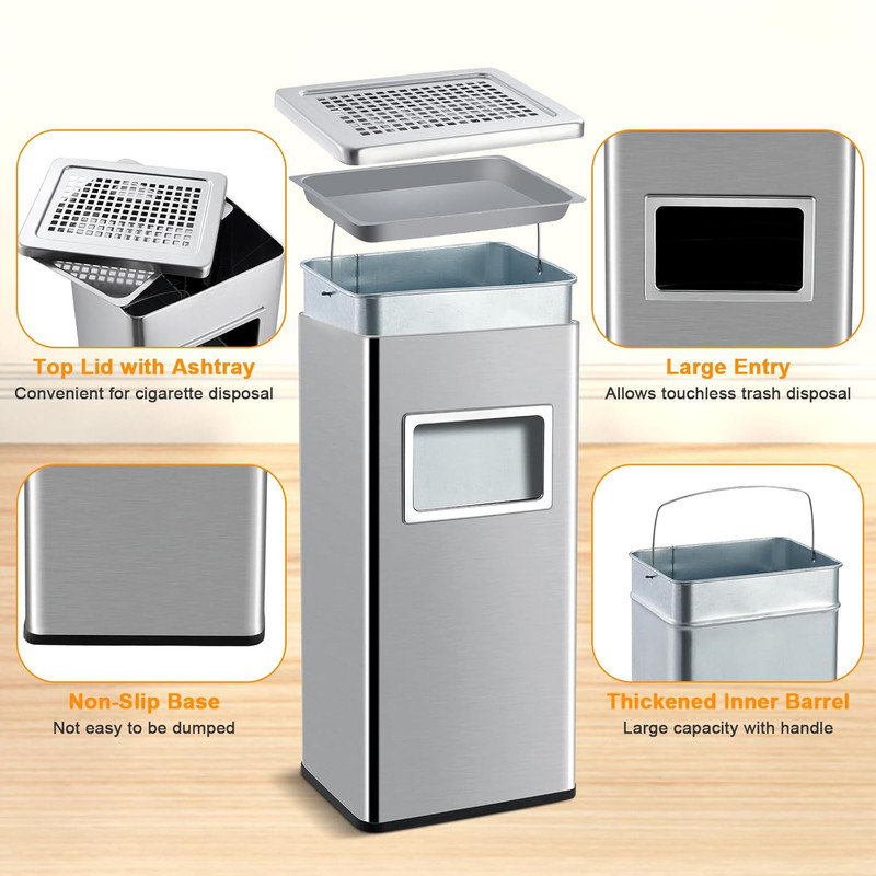 Commercial Outdoor Trash Can, Garbage Can with Removable Inner Bucket & Ashtray, Square