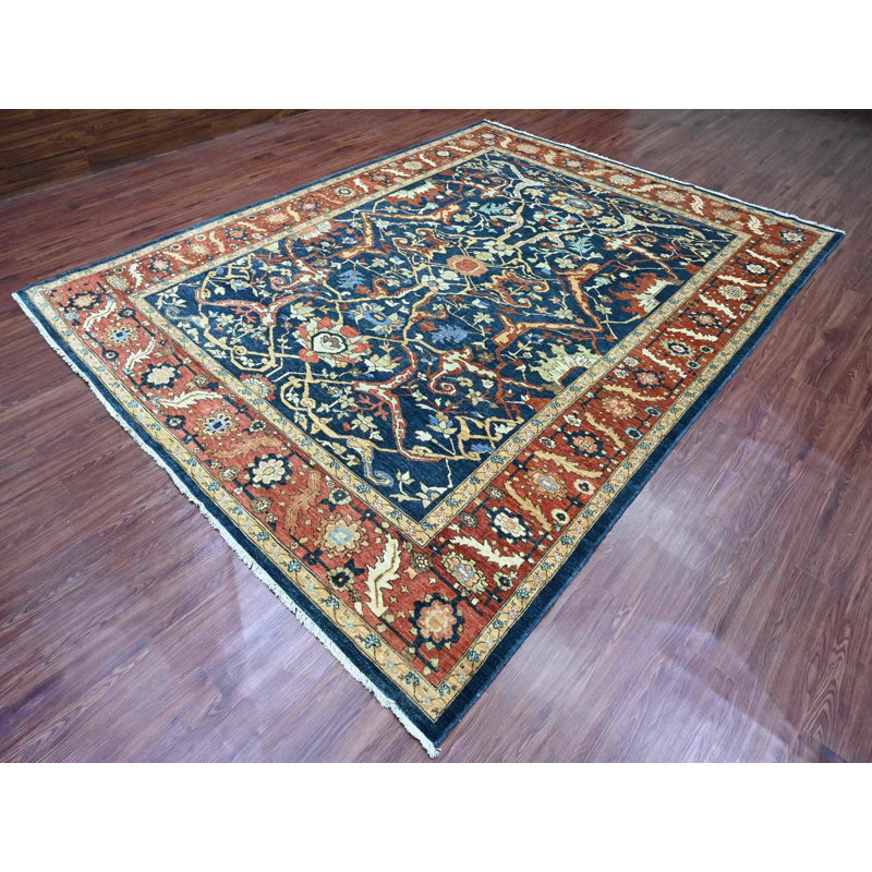 Tapis oriental bleu en laine noué à la main 9 pi 1 po x 11 pi 8 po - MOA10289852