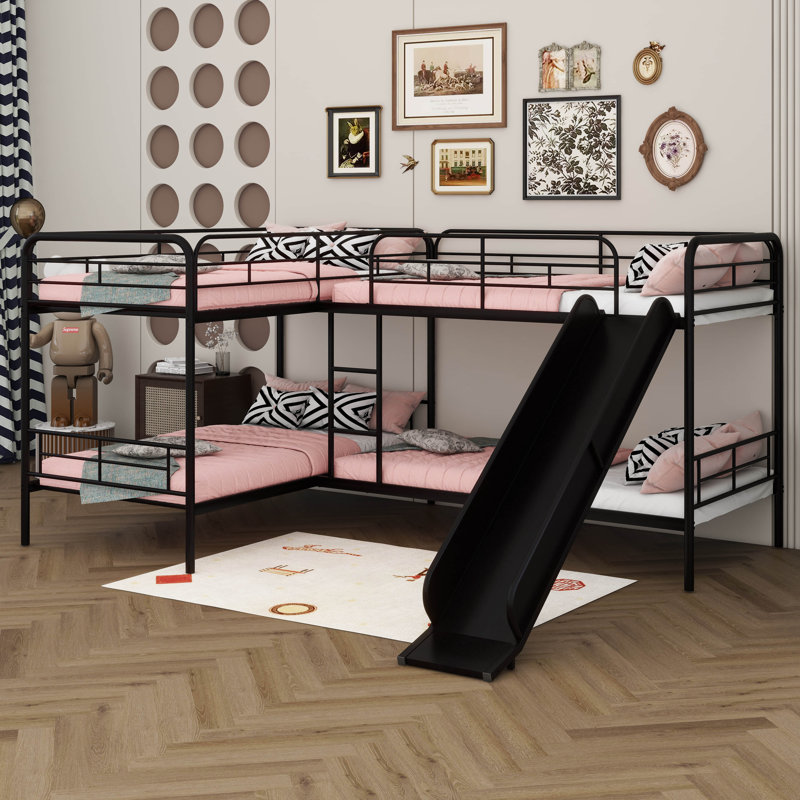 Lit superposé en L spacieux avec glissière et échelle, structure en métal durable, parfait pour un usage familial, Noir