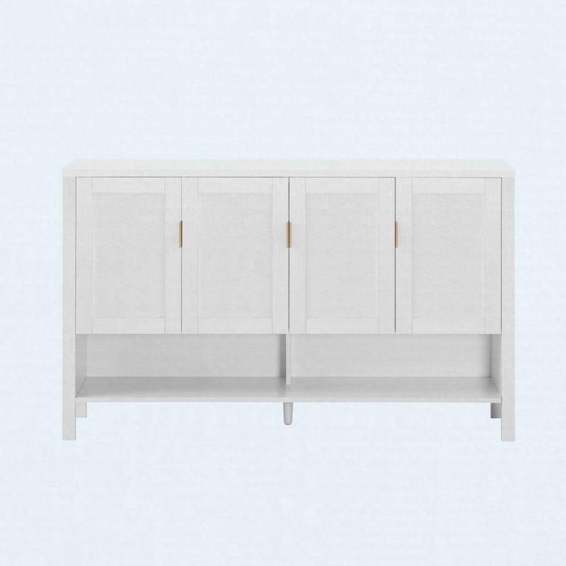 Buffet de rangement 55,1 ", armoire moderne 4 portes avec tablette ouverte et tablettes réglables, Blanc