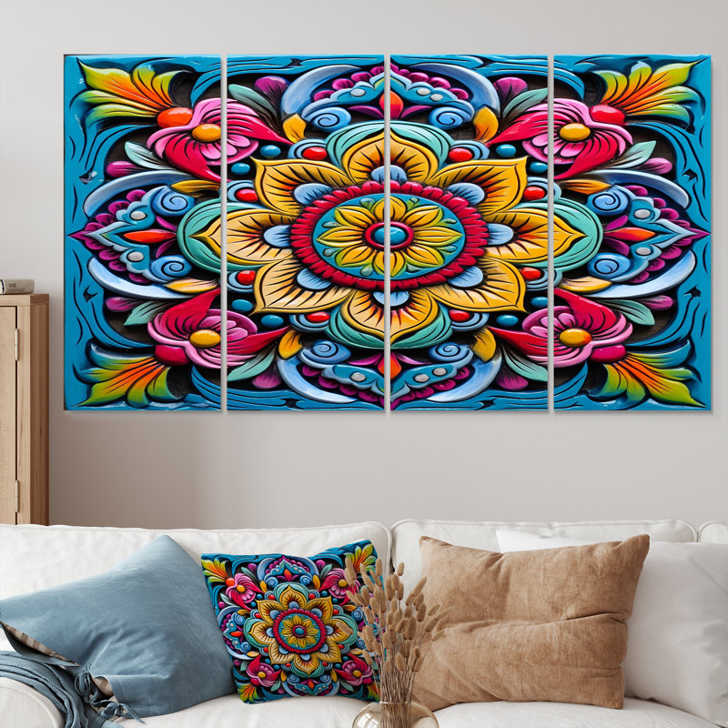 Art mural mandala bohème vibrant jaune fleur fuchsia - 4 pièces, H 28 po x l 48 po