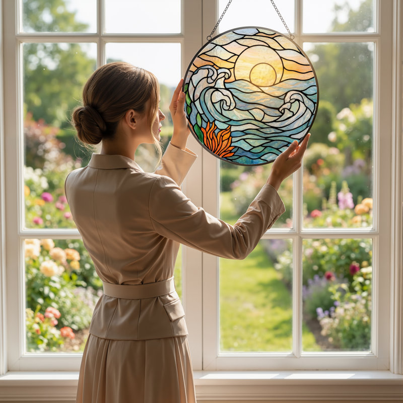 12"H Ocean Sunset Stained Glass Window Panel, 12" H x 12" W