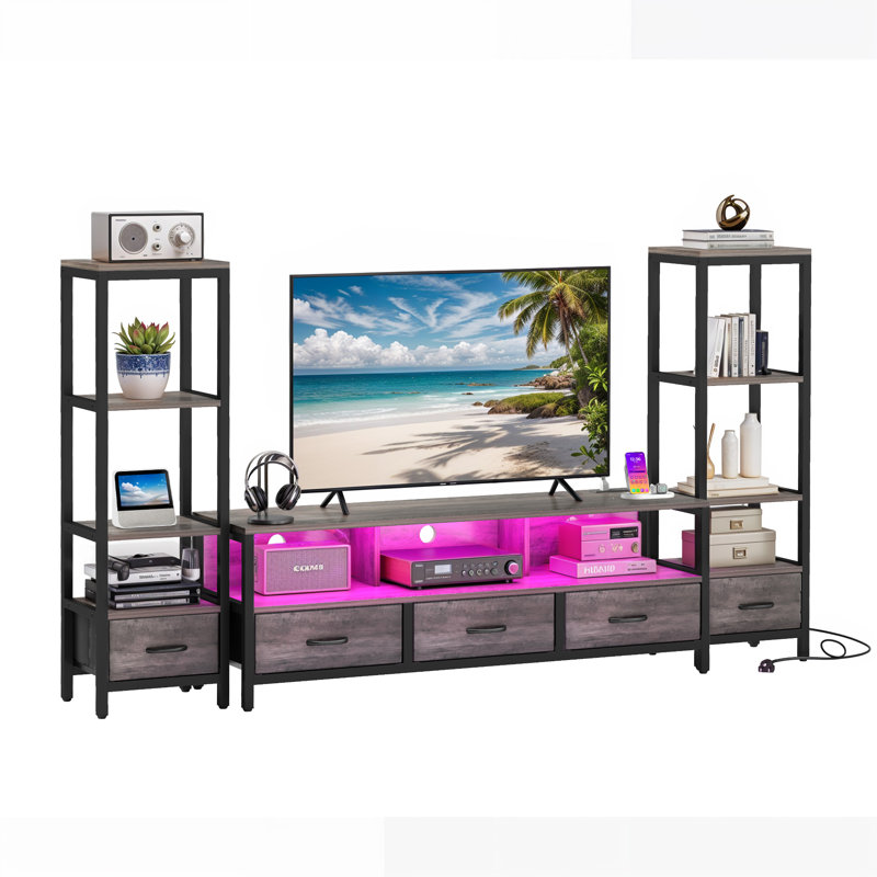 LED Entertainment Center With 2 Bookcases & Charging Ports, Gray Wood