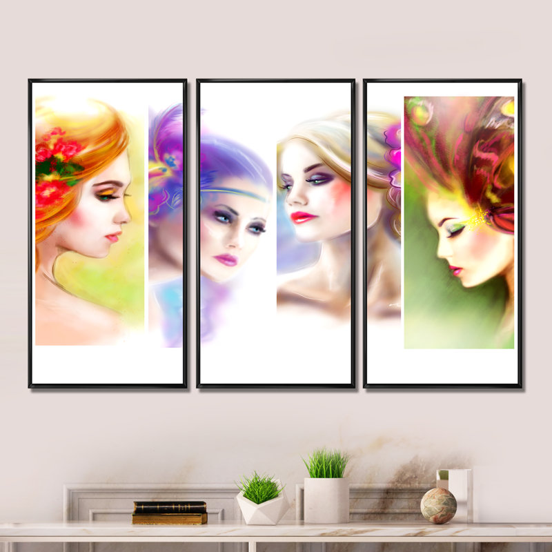 «Colorful Women Face Collage», ensemble de 3 toiles encadrées, H 20 po x l 36 po x P 1 po, Noir