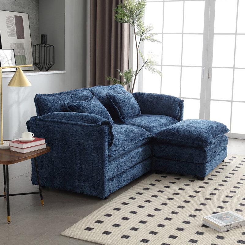 Tissu en chenille, accoudoirs amovibles avec poches latérales, rembourrage en éponge haute densité, canapé double surdimensionné avec repose-pieds