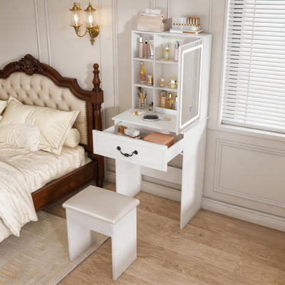 Mini coiffeuse moderne avec miroir à DEL, luminosité réglable, rangement dissimulé, tabouret rembourré et tablettes anti-poussière