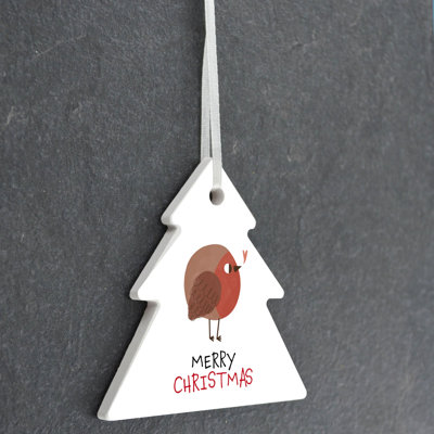 Robin Merry Christmas Tree Shaped Ceramic Ornament