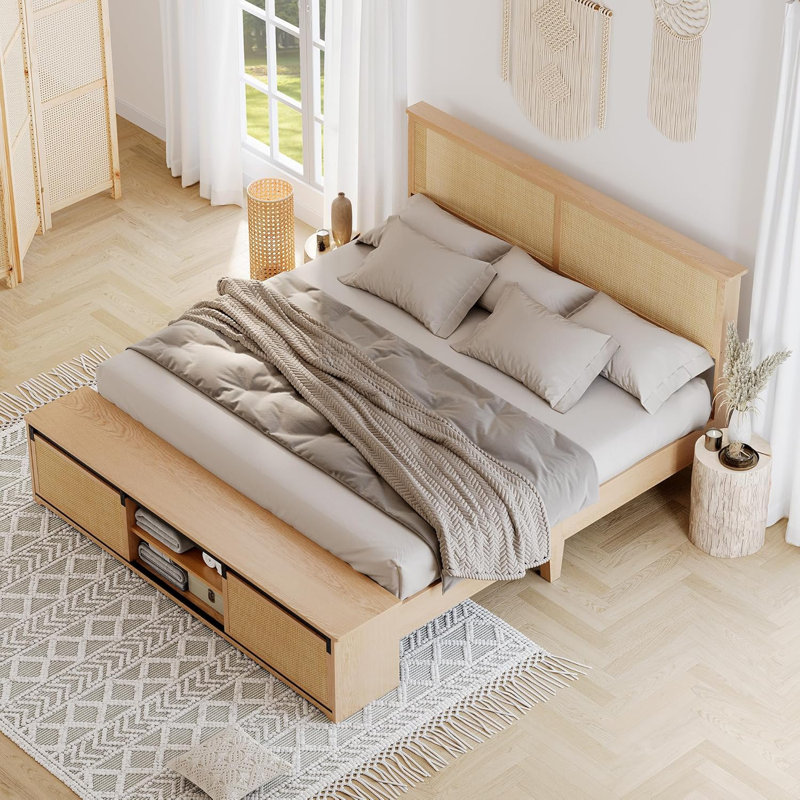 Natural Rattan Bed Frame With Sliding Barn Door Storage Cabinets And LED Light Headboard, Queen