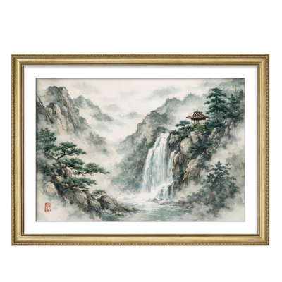 Serene Watercolor Mountain Waterfall with Traditional Asian Style for Living Room Bedroom Framed Wall Art 26"x36"