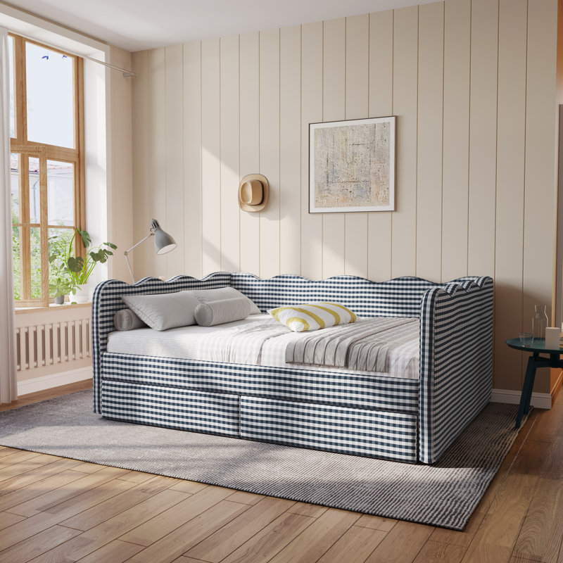 Lit de jour Gingham avec 2 tiroirs de rangement et port USB, forme ondulée, Grand lit, Marine