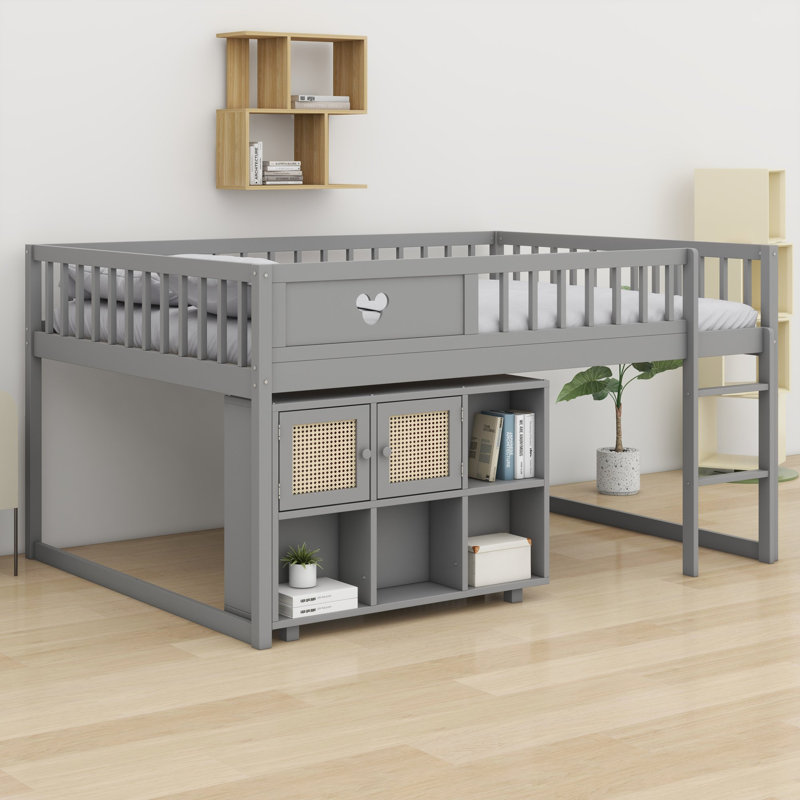 Lit mezzanine avec une conception à profil bas, un accent d'ours et une armoire de rangement sous le lit, Full, Grey