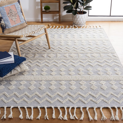 Tapis en laine / coton tissé à la main Sucher en ivoire / bleu clair