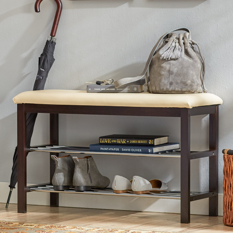 8 Pair Solid Wood Shoe Storage Bench, Walnut / Beige