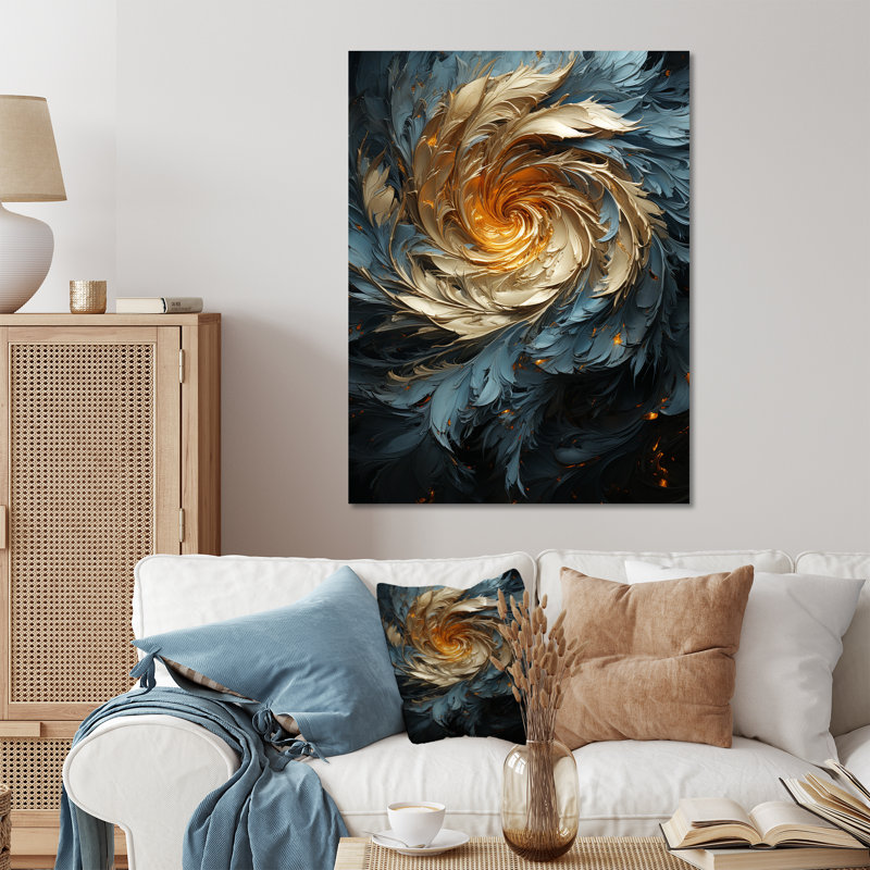 Plume abstraite jaune et bleue - Spirale abstraite, art mural en métal, H 20 po x l 12 po x P 1 po