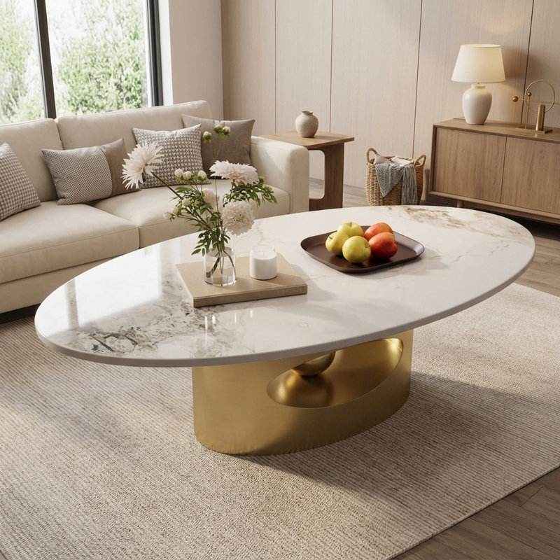 Table basse ovale moderne FFZ 49 po en faux marbre avec piètement en acier inoxydable doré