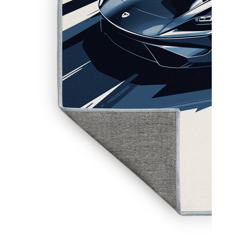 Machine Washable Daleville Electric Sports Car Sleek & Chic Modern Rug in Gray – SkyBlue Binding, 4x6
