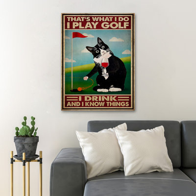 Chat noir avec vin jouant au golf - «It's What I Do…», reproduction d'art graphique sur toile tendue