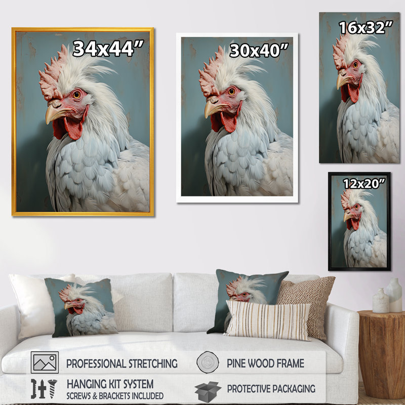 «Majestic Rooster Portrait» - Art mural animal, Toile tendue, H 32 po x l 24 po