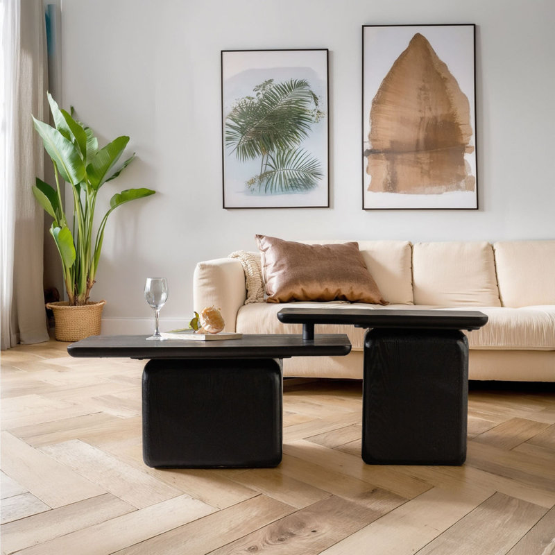 Ensemble de tables basses carrées de style rétro avec finition grain de bois, pour le salon, le bureau et la salle à manger, noir (ensemble de 2)