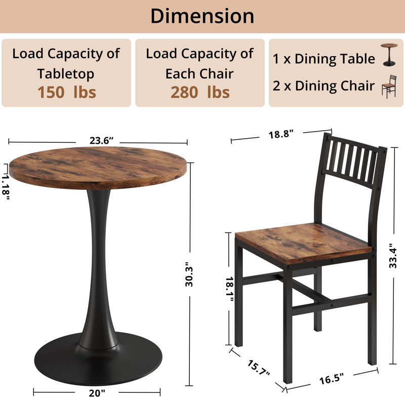 3-Piece Round Dining Table Set, Industrial Style Small Kitchen Table And Chairs For 2, Rustic Brown